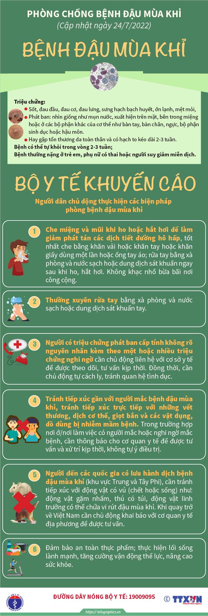 Để chủ động phòng chống dịch bệnh đậu mùa khỉ ở nước ta, Bộ Y tế khuyến cáo người dân chủ động thực hiện 6 biện pháp phòng bệnh